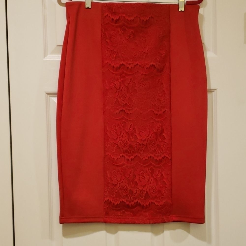 Sequin Hearts Red Pencil Skirt W/Lace